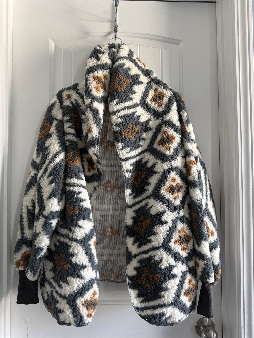 LuLaRoe Teddy Bear Plush Sherpa Jacket in Cream, Gray & Brown